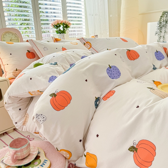 91家纺网 家纺一手货源 找家纺 洺兰家居 2025年新款全棉A类全喷气印花小清新床单床裙款四件套学生三件套 南瓜派