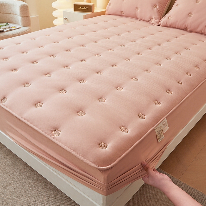 91家纺网 家纺一手货源 找家纺 笠客家纺 2024新款A类母婴级夹棉床笠单件席梦思床垫保护套防滑固定蝴蝶结床罩（买家秀联系我） 花圆豆沙