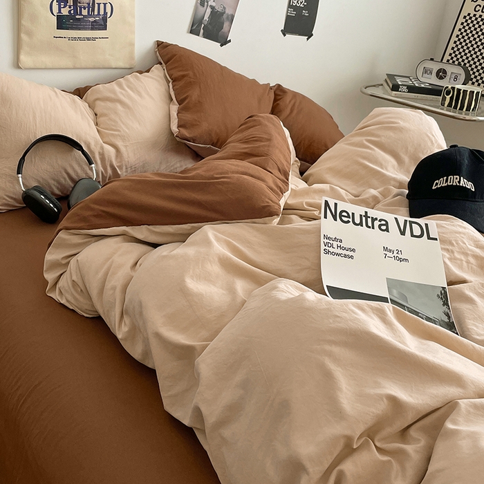 91家纺网 家纺一手货源 找家纺 思诺羽床笠 2025新款高克重微皱双拼水洗棉四件套 美拉德-咖棕