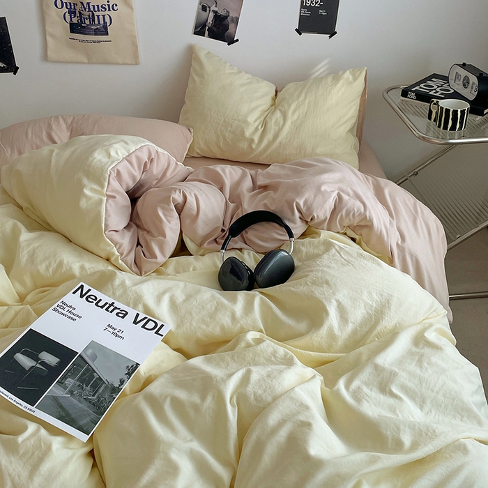 91家纺网 家纺一手货源 找家纺 思诺羽床笠 2025新款高克重微皱双拼水洗棉四件套 芝士奶咖