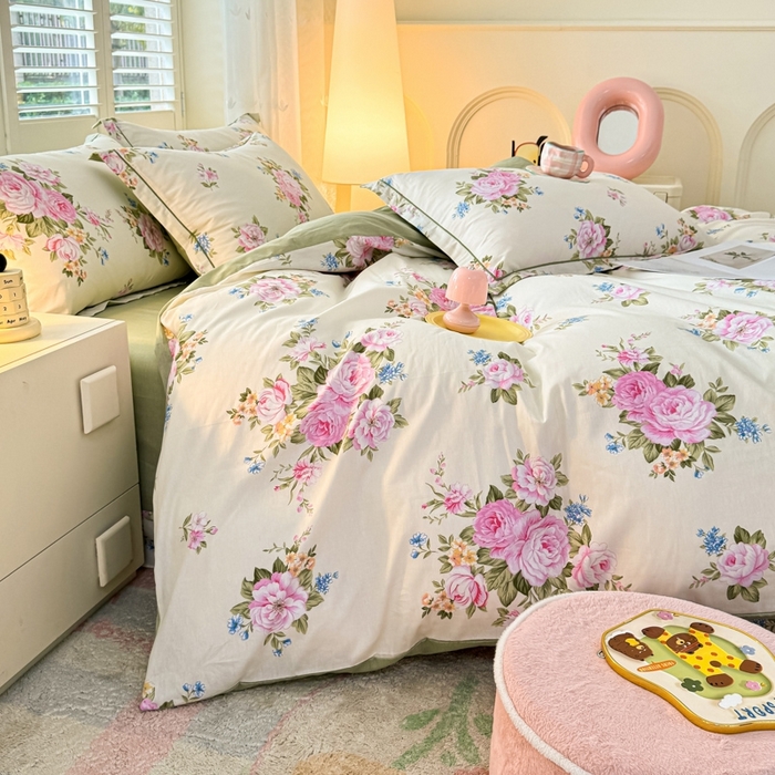 91家纺网 家纺一手货源 找家纺 洺兰家居 2025年新款全棉A类全喷气印花小清新床单床裙款四件套学生三件套 锦绣