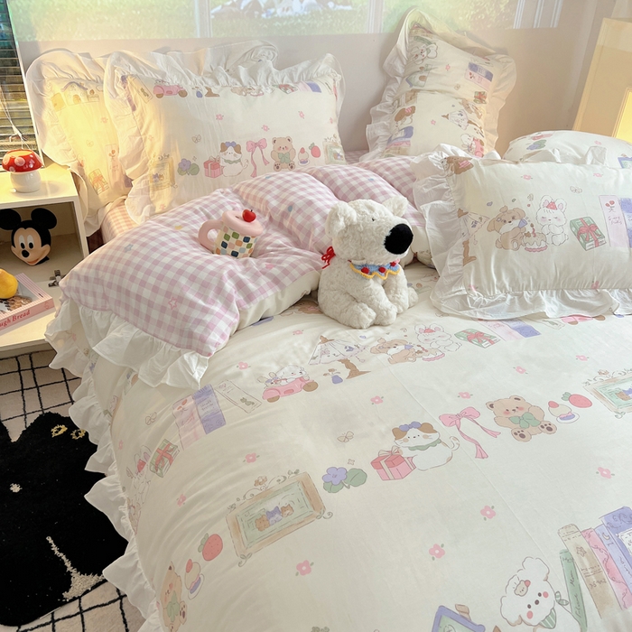 91家纺网 家纺一手货源 找家纺 （总）六巷胡同 2025新款40支12868韩式INS减龄花边款全棉卡通四件套