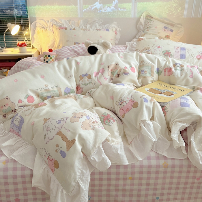 91家纺网 家纺一手货源 找家纺 （总）六巷胡同 2025新款40支12868韩式INS减龄花边款全棉卡通四件套