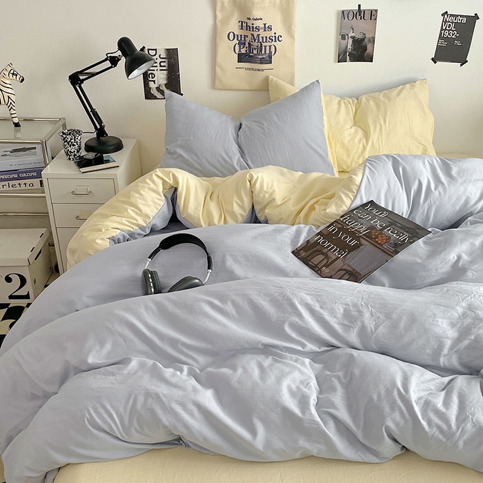 91家纺网 家纺一手货源 找家纺 思诺羽床笠 2025新款高克重微皱双拼水洗棉四件套 奶蓝芝士