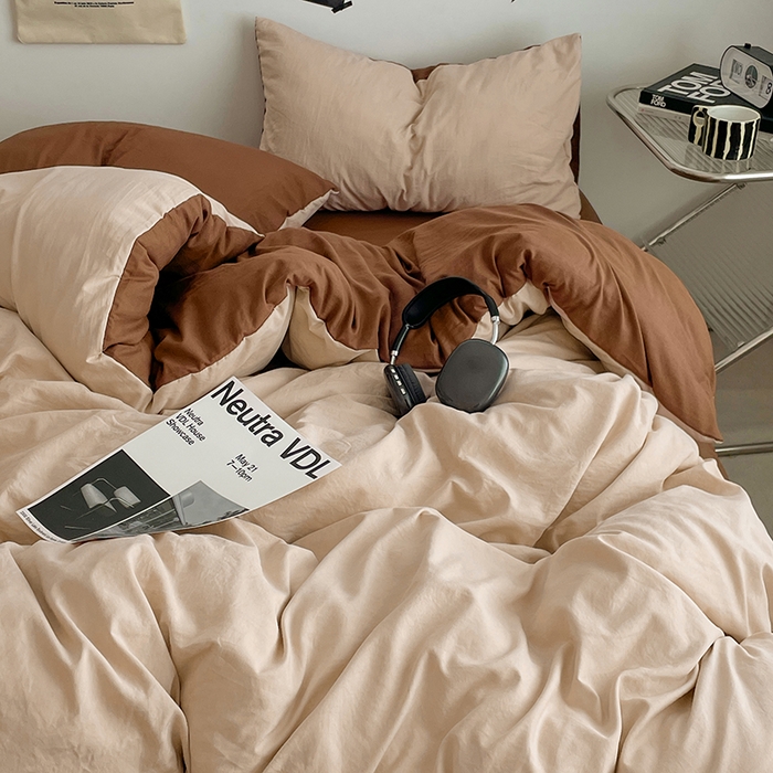 91家纺网 家纺一手货源 找家纺 思诺羽床笠 2025新款高克重微皱双拼水洗棉四件套 美拉德-咖棕