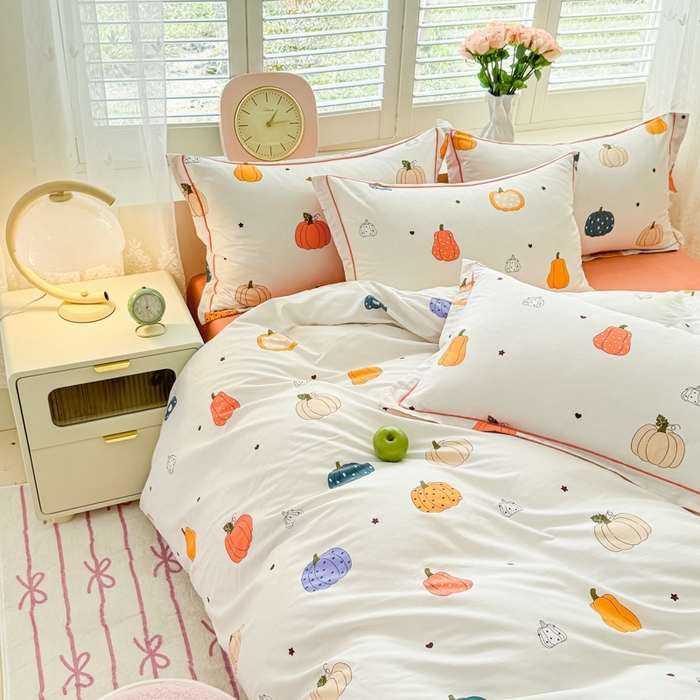 91家纺网 家纺一手货源 找家纺 洺兰家居 2025年新款全棉A类全喷气印花小清新床单床裙款四件套学生三件套 南瓜派