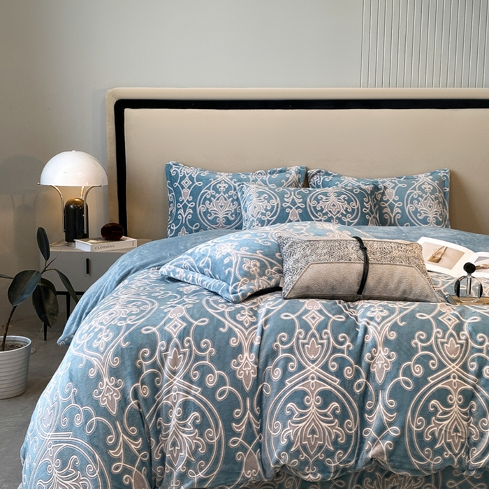 91家纺网 家纺一手货源 找家纺 金喜 2024新款230克AB版雕花牛奶绒加厚四件套-雅风 雅风-欧典派对