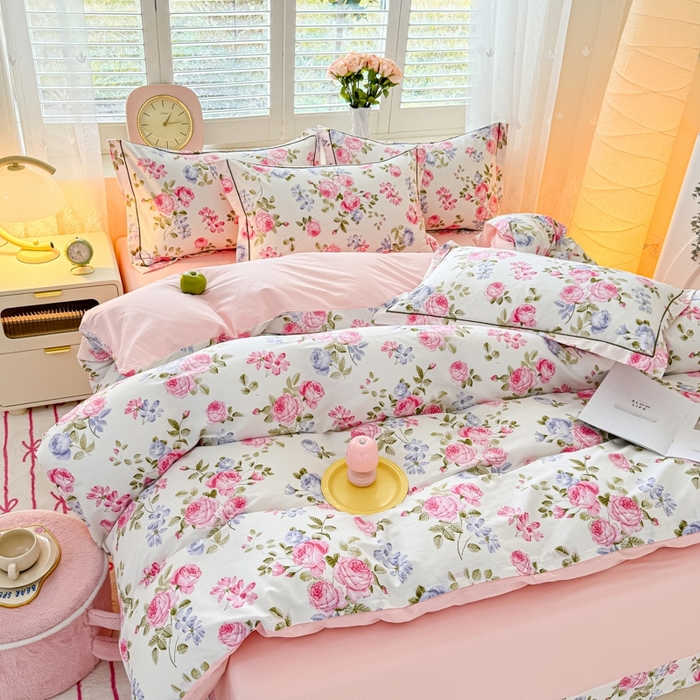 91家纺网 家纺一手货源 找家纺 洺兰家居 2025年新款全棉A类全喷气印花小清新床单床裙款四件套学生三件套 花季