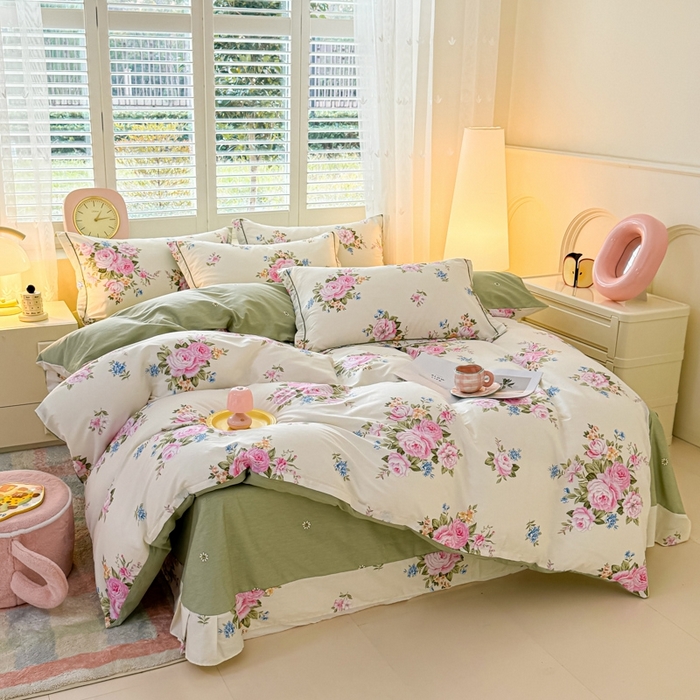 91家纺网 家纺一手货源 找家纺 洺兰家居 2025年新款全棉A类全喷气印花小清新床单床裙款四件套学生三件套 锦绣