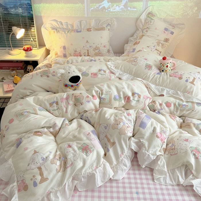 91家纺网 家纺一手货源 找家纺 （总）六巷胡同 2025新款40支12868韩式INS减龄花边款全棉卡通四件套