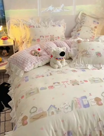 91家纺网 家纺一手货源 找家纺 （总）六巷胡同 2025新款40支12868韩式INS减龄花边款全棉卡通四件套