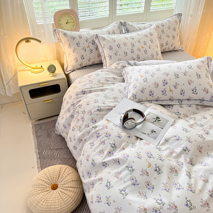 91家纺网 家纺一手货源 找家纺 洺兰家居 2025年新款全棉A类全喷气印花小清新床单床裙款四件套学生三件套 阑珊