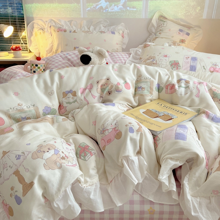 91家纺网 家纺一手货源 找家纺 （总）六巷胡同 2025新款40支12868韩式INS减龄花边款全棉卡通四件套