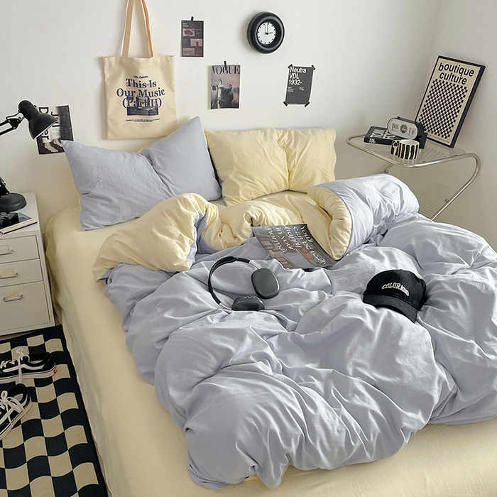 91家纺网 家纺一手货源 找家纺 思诺羽床笠 2025新款高克重微皱双拼水洗棉四件套 奶蓝芝士