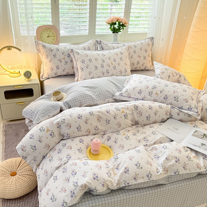 91家纺网 家纺一手货源 找家纺 洺兰家居 2025年新款全棉A类全喷气印花小清新床单床裙款四件套学生三件套 阑珊