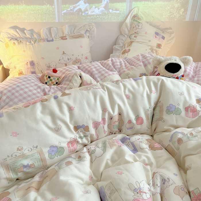 91家纺网 家纺一手货源 找家纺 （总）六巷胡同 2025新款40支12868韩式INS减龄花边款全棉卡通四件套