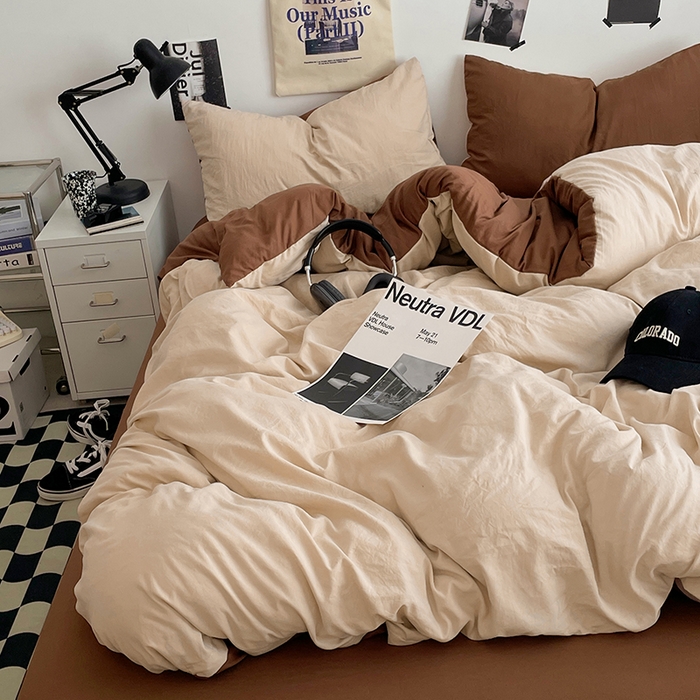 91家纺网 家纺一手货源 找家纺 思诺羽床笠 2025新款高克重微皱双拼水洗棉四件套 美拉德-咖棕