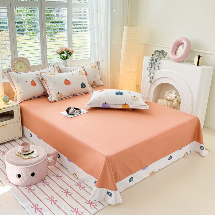 91家纺网 家纺一手货源 找家纺 洺兰家居 2025年新款全棉A类全喷气印花小清新单床单 南瓜派