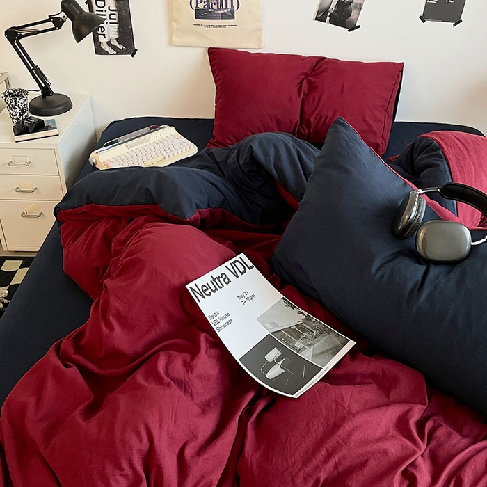 91家纺网 家纺一手货源 找家纺 思诺羽床笠 2025新款高克重微皱双拼水洗棉四件套 安哥拉红+星空蓝