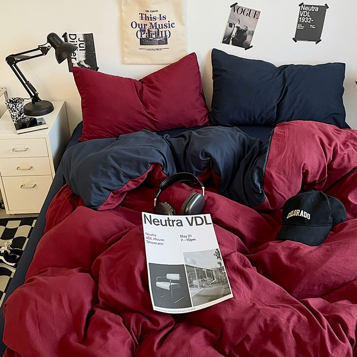 91家纺网 家纺一手货源 找家纺 思诺羽床笠 2025新款高克重微皱双拼水洗棉四件套 安哥拉红+星空蓝