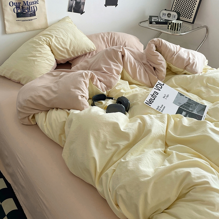 91家纺网 家纺一手货源 找家纺 思诺羽床笠 2025新款高克重微皱双拼水洗棉四件套 芝士奶咖