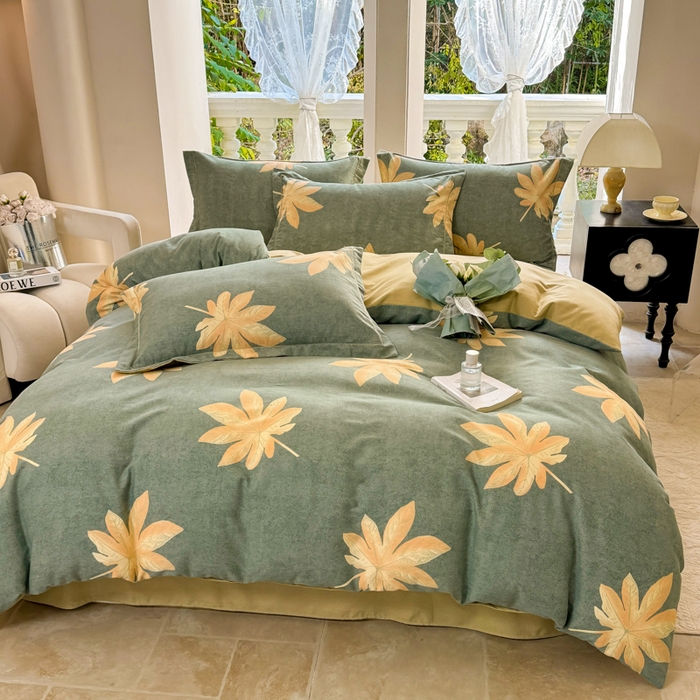 91家纺网 家纺一手货源 找家纺 优品阁 2024新款亲肤舒适全棉磨毛四件套学生三件套系列  枫叶絮-兰