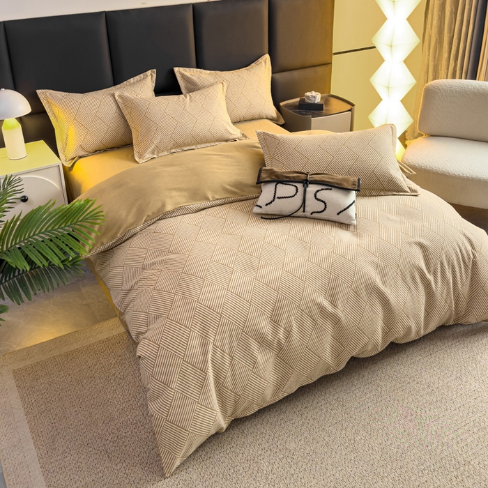 91家纺网 家纺一手货源 找家纺 优品阁 2024新款亲肤舒适全棉磨毛四件套学生三件套系列  莫利格-咖