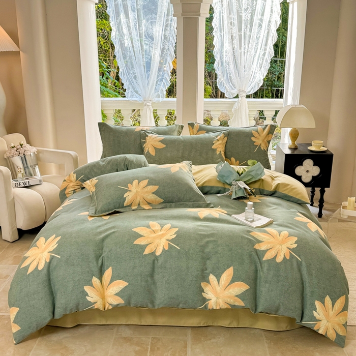 91家纺网 家纺一手货源 找家纺 优品阁 2024新款亲肤舒适全棉磨毛四件套学生三件套系列  枫叶絮-兰