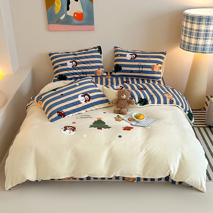 91家纺网 家纺一手货源 找家纺 （总）桃子家居 2024新款A类毛巾绣立体数码印花可爱卡通圣诞印加绣加厚牛奶绒系列四件套