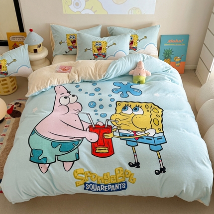 金爱家 2024新品正版海绵宝宝授权大版卡通平网数码印花加厚高克重牛奶绒系列四件套 泡泡海绵宝宝