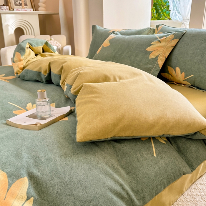 91家纺网 家纺一手货源 找家纺 优品阁 2024新款亲肤舒适全棉磨毛四件套学生三件套系列  枫叶絮-兰