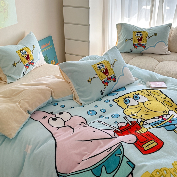 91家纺网 家纺一手货源 找家纺 金爱家 2024新品正版海绵宝宝授权大版卡通平网数码印花加厚高克重牛奶绒系列四件套 泡泡海绵宝宝