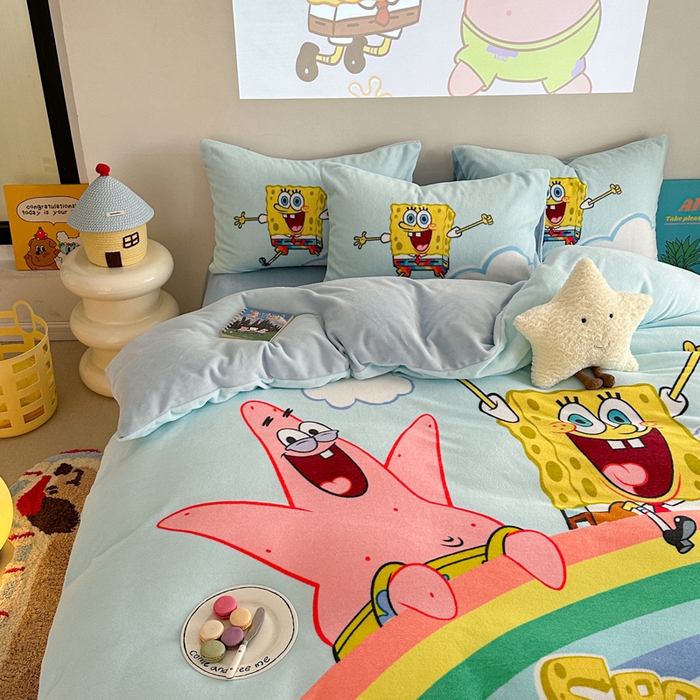 91家纺网 家纺一手货源 找家纺 金爱家 2024新品正版海绵宝宝授权大版卡通平网数码印花加厚高克重牛奶绒系列四件套 彩虹海绵宝宝