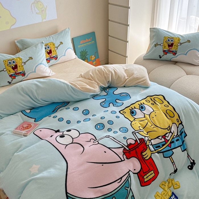 91家纺网 家纺一手货源 找家纺 金爱家 2024新品正版海绵宝宝授权大版卡通平网数码印花加厚高克重牛奶绒系列四件套 泡泡海绵宝宝