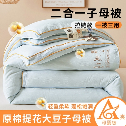 91家纺网 家纺一手货源 找家纺 2024新款原棉提花被子母被春秋被加厚冬被子被芯冬被拉链款字母被 天空蓝