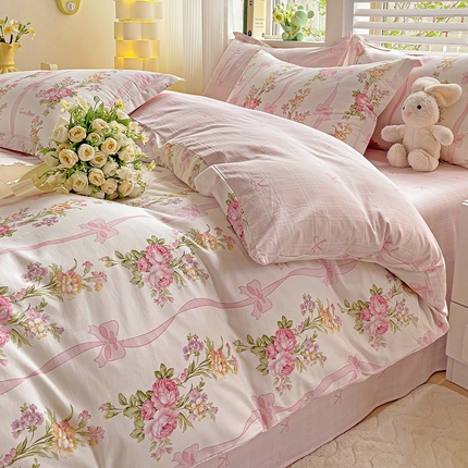 暖芯优选 204新款直播爆款全棉-ins印花系列四件套纯棉三件套床单床笠浪漫蝴蝶结