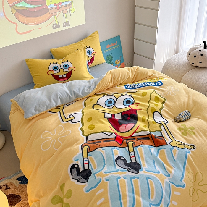 91家纺网 家纺一手货源 找家纺 金爱家 2024新品正版海绵宝宝授权大版卡通平网数码印花加厚高克重牛奶绒系列四件套 咖啡海绵宝宝