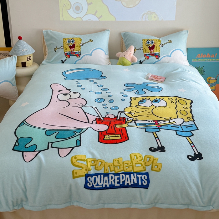 91家纺网 家纺一手货源 找家纺 金爱家 2024新品正版海绵宝宝授权大版卡通平网数码印花加厚高克重牛奶绒系列四件套 泡泡海绵宝宝