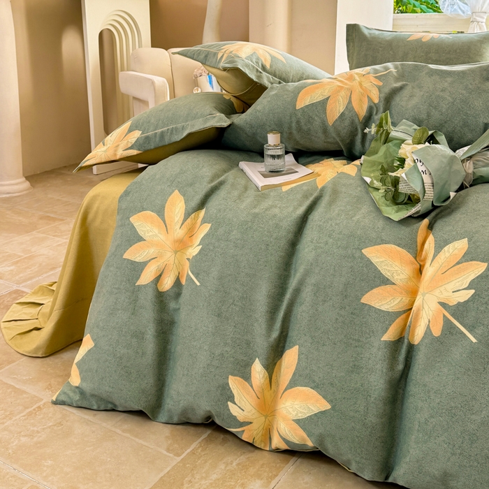 91家纺网 家纺一手货源 找家纺 优品阁 2024新款亲肤舒适全棉磨毛四件套学生三件套系列  枫叶絮-兰