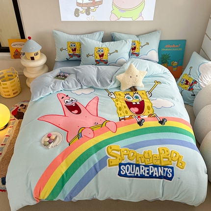 金爱家 2024新品正版海绵宝宝授权大版卡通平网数码印花加厚高克重牛奶绒系列四件套 彩虹海绵宝宝