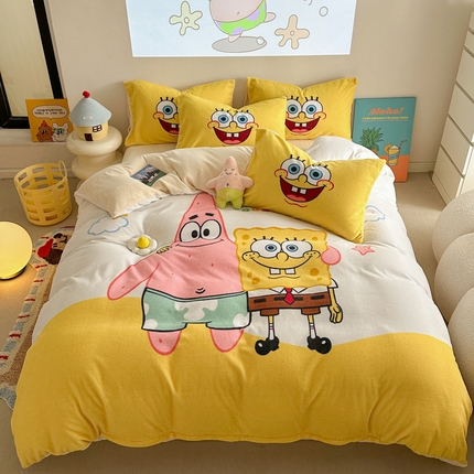 金爱家 2024新品正版海绵宝宝授权大版卡通平网数码印花加厚高克重牛奶绒系列四件套 伙伴海绵宝宝黄