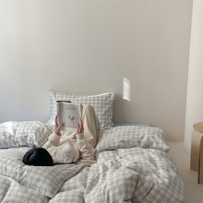 91家纺网 家纺一手货源 找家纺 窝米 2025新款ins极简风双层纱系列四件套 伯克利蓝