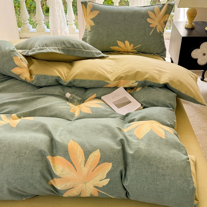 91家纺网 家纺一手货源 找家纺 优品阁 2024新款亲肤舒适全棉磨毛四件套学生三件套系列  枫叶絮-兰