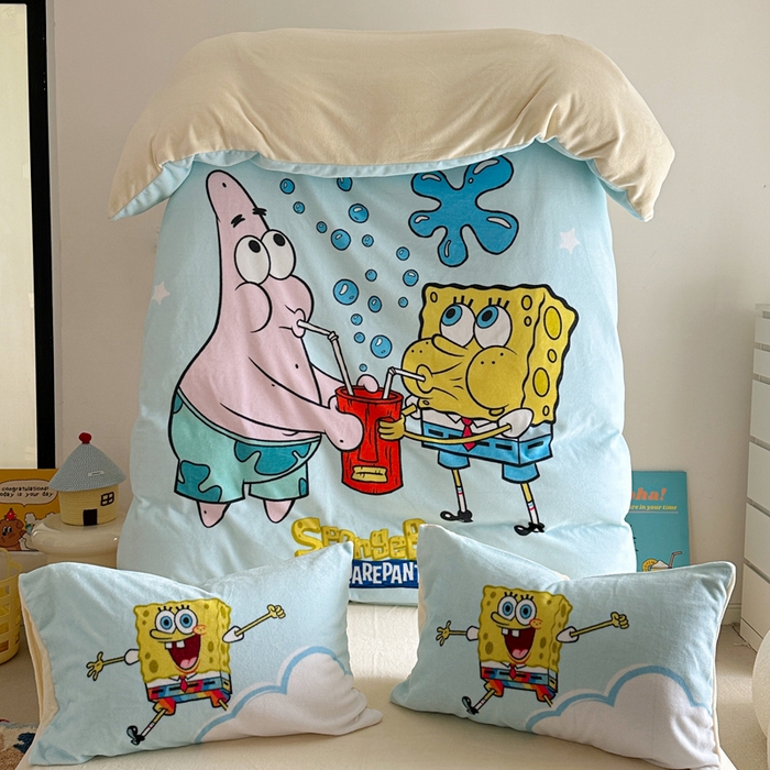 91家纺网 家纺一手货源 找家纺 金爱家 2024新品正版海绵宝宝授权大版卡通平网数码印花加厚高克重牛奶绒系列四件套 泡泡海绵宝宝