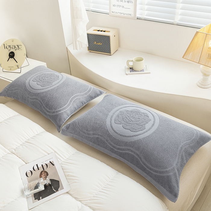 91家纺网 家纺一手货源 找家纺 美宜家 2025新款全棉怀旧老式毛巾圈枕巾一对 盛开浅灰