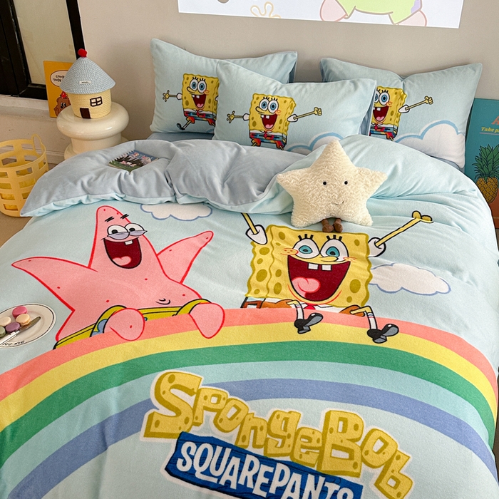 91家纺网 家纺一手货源 找家纺 金爱家 2024新品正版海绵宝宝授权大版卡通平网数码印花加厚高克重牛奶绒系列四件套 彩虹海绵宝宝