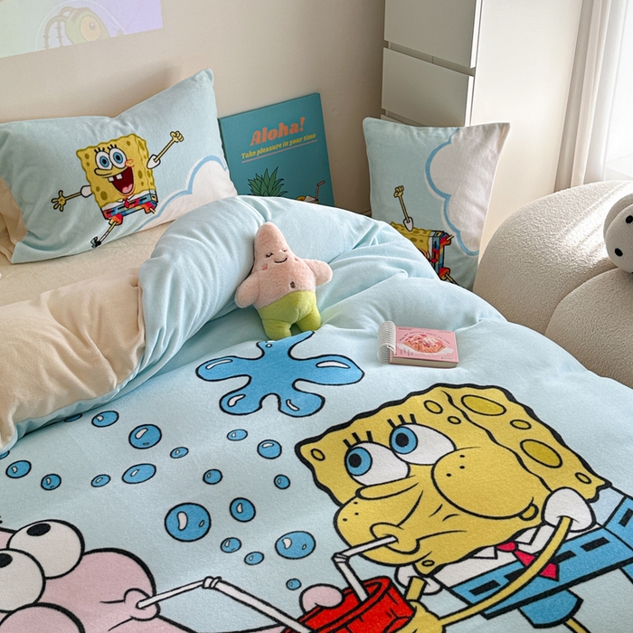 91家纺网 家纺一手货源 找家纺 金爱家 2024新品正版海绵宝宝授权大版卡通平网数码印花加厚高克重牛奶绒系列四件套 泡泡海绵宝宝