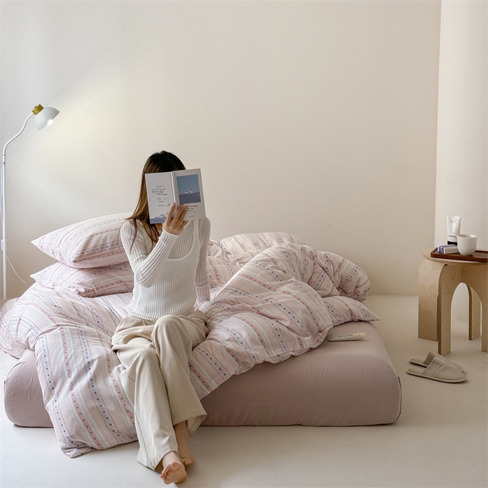 91家纺网 家纺一手货源 找家纺 窝米 2025新款ins极简风双层纱系列四件套 简之粉