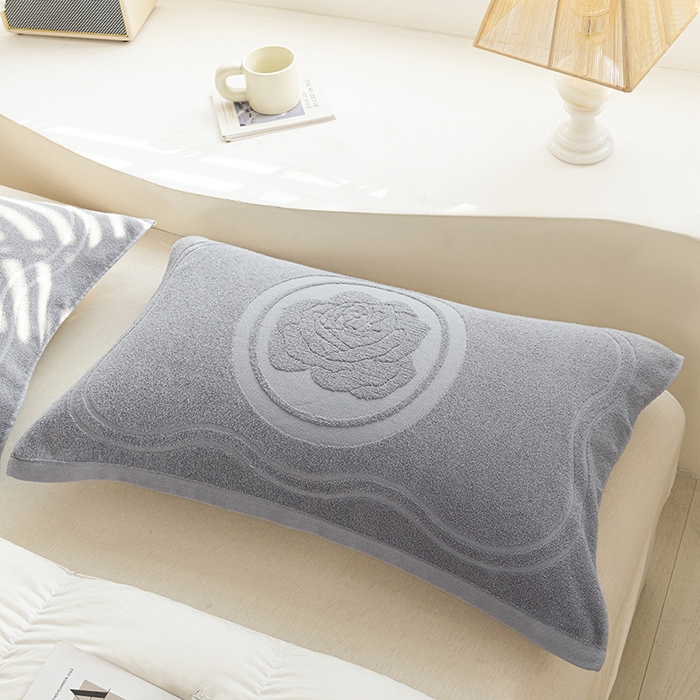 91家纺网 家纺一手货源 找家纺 美宜家 2025新款全棉怀旧老式毛巾圈枕巾一对 盛开浅灰