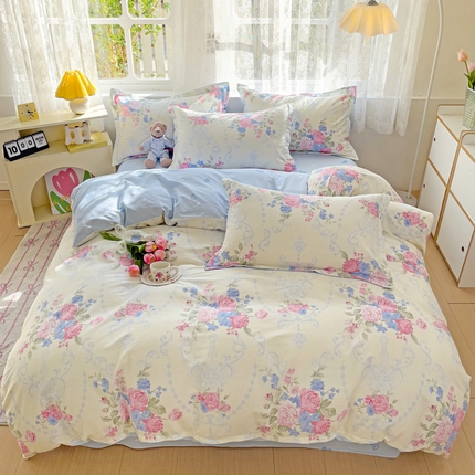 暖芯优选 204新款直播爆款全棉-ins印花系列四件套纯棉三件套床单床笠清雅蓝